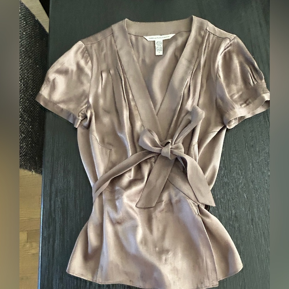 Diane Von Furstenberg Taupe Satin Wrap Blouse